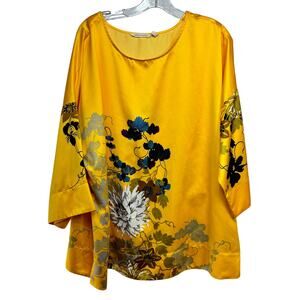 Soft Surroundings Zehra Yellow Floral Top Womens Plus 1X Polyester Kimono Sleeve